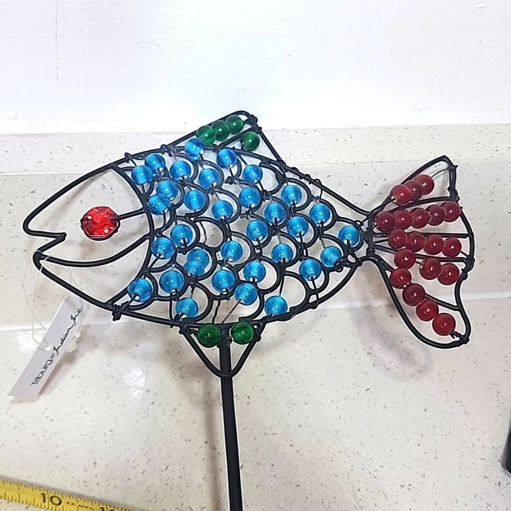 Garden Metal Stake. Beaded Fish with blue,green, and red beads.